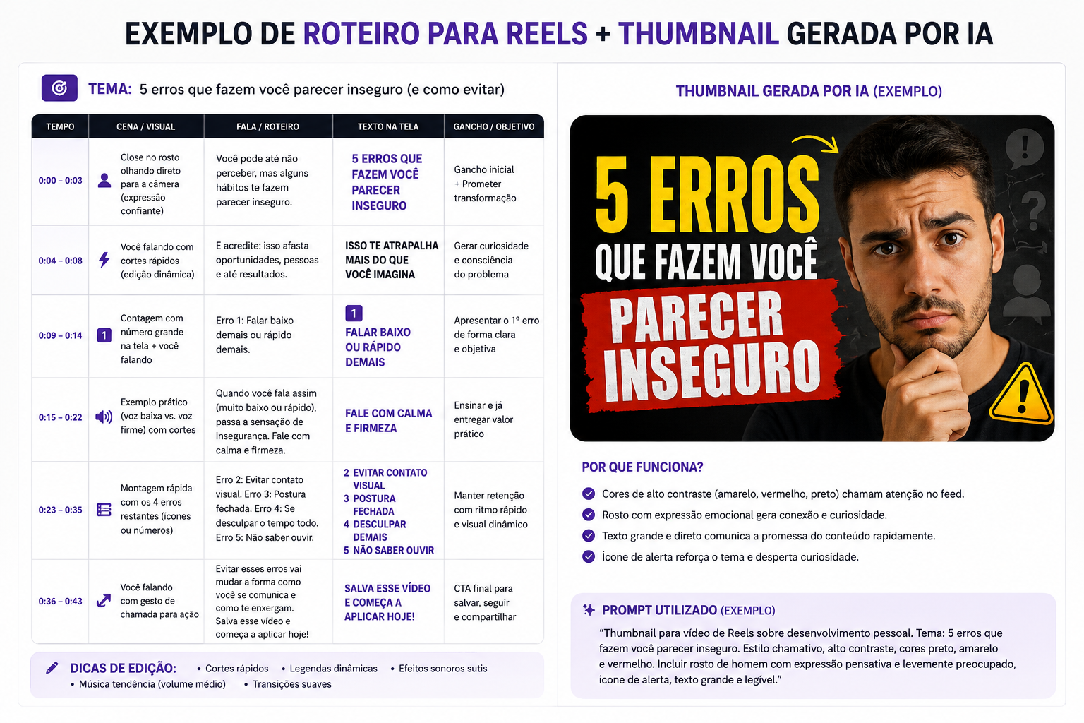 Exemplo de roteiro para Reels + Thumbnail gerada por IA